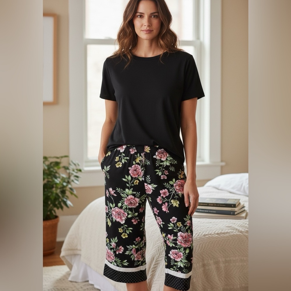 Women’s XL Kensie 2-Piece Short Sleeve Floral Pajamas, Cropped Length